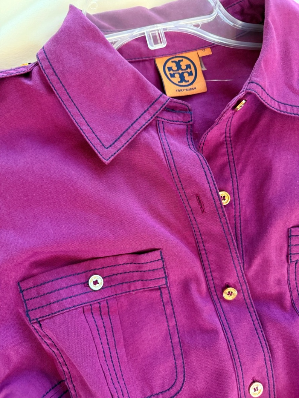 Tory Burch Magenta Button-Front Midi Dress with Contrast Stitching